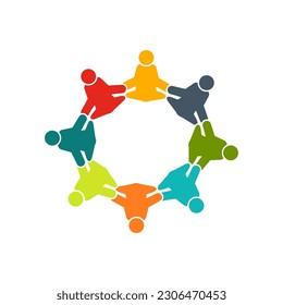 Trabajo en equipo Abrace 8 imagen. Logo de la gente. Grupo de ocho personas en círculo. Diseño gráfico de vectores