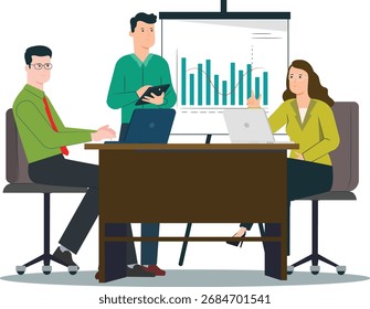 Trabajo en equipo, comunicación de los empleados en la oficina. Ilustración plana de Vector de la conversación de la gente en el lugar de trabajo, reunión, presentación. Interior de oficina moderno con empleados. Espacio de trabajo de oficina creativo
