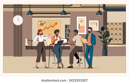 Teamwork employee group meeting office flat illustration