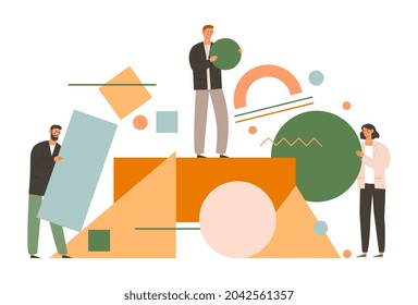 Teamwork of employees concept. Abstract geometric puzzle for men and women. Office workers hold circle and rectangle and solve problem. Cartoon flat vector illustration isolated on white background