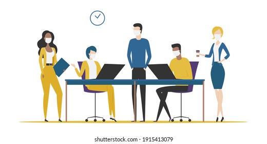 Teamwork. Employees In Face Masks. Vector Illustration.