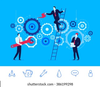 Teamwork of engine Repair. Vector stock concept business illustration. Vector clipart. Icons set.