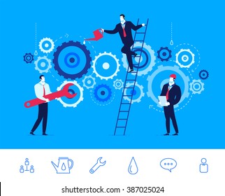Teamwork of engine Repair. Vector stock concept business illustration. Vector clipart. Icons set.