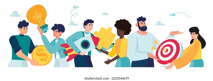 Teamwork entrepreneurship on start up project startup. People run rocket ,target ,ideas new project launch metaphor. Company launches new acceleration product start. Vector illustration teamwork