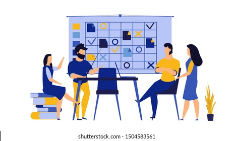 Teamwork entrepreneurship vector office work illustration with computer pc. Agenda student man and woman schedule workshop business. Concept people employee startup company. Marketing strategy job