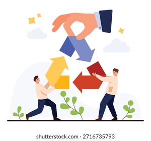 Teamwork and environmental responsibility concept with people holding colorful arrows forming a recycling symbol, promoting eco-friendly actions and waste management vector illustration