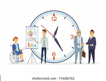 Teamwork for everyone - modern cartoon people characters illustration. Smiling business people with a big clock behind shake hands. A woman sits in wheelchair. A man presents infographic charts