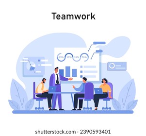 Teamwork exemplified. Collaborative team engages in discussion at a tech-infused table, analyzing data-driven charts. Unity, planning, and strategy at forefront. Flat vector.