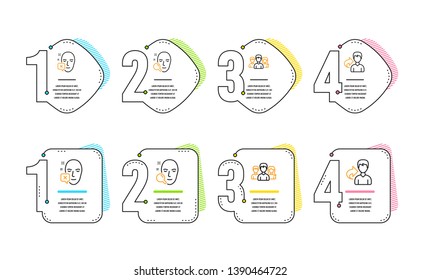 Teamwork, Face search and Face declined icons simple set. Share sign. Group of users, Find user, Identification error. Male user. People set. Infographic timeline. Line teamwork icon. Vector