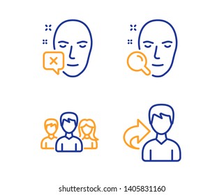 Teamwork, Face search and Face declined icons simple set. Share sign. Group of users, Find user, Identification error. Male user. People set. Linear teamwork icon. Colorful design set. Vector