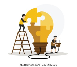 Teamwork. Faceless man standing on ladder with piece of jigsaw puzzle in front of unfinished lightbulb while colleague holding plug in hands. Flat vector illustration