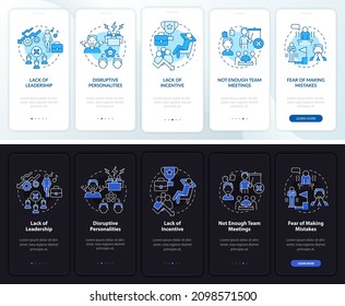 Teamwork failing night and day mode onboarding mobile app screen. Issues walkthrough 5 steps graphic instructions pages with linear concepts. UI, UX, GUI template. Myriad Pro-Bold, Regular fonts used