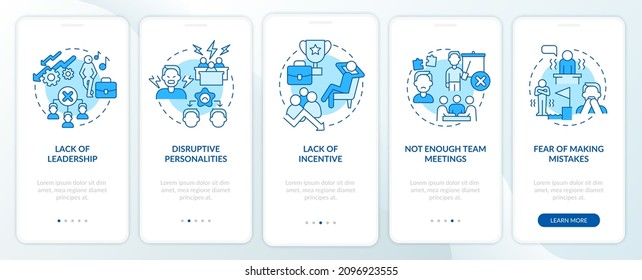Teamwork failing reasons blue onboarding mobile app screen. Issues walkthrough 5 steps graphic instructions pages with linear concepts. UI, UX, GUI template. Myriad Pro-Bold, Regular fonts used