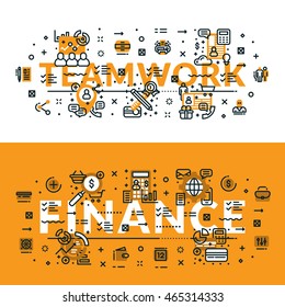 Teamwork and Finance heading, title, web banner. Horizontal colored in white and yellow flat vector illustration.