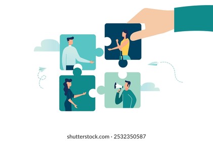 teamwork to find a solution, assign the right person to the right job, human resources department by the hand of a businessman, connect a puzzle, vector illustration