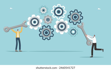 Teamwork in finding solution to problem, creative ways out of business problems, analysis or optimization of work, technical support or service in unforeseen situations, colleagues repairing mechanism