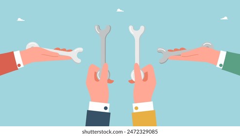 Teamwork in finding solution to problem, creative ways out of business problems, analysis or optimization of work, technical support or service in unforeseen situations, big hands holding wrenches.