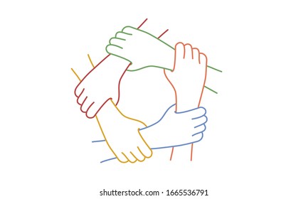 Teamwork. Five United Hands. Line drawing vector illustration.