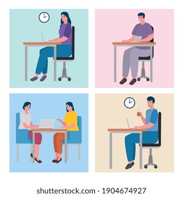 trabajo en equipo de cinco trabajadores de la oficina de coworking personajes de la ilustración vectorial