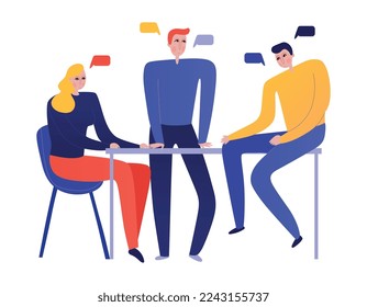 Teamwork flat concept with people having meeting at office vector illustration