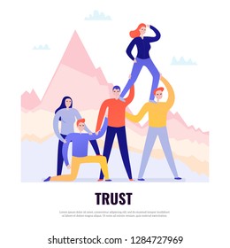 Teamwork flat design concept with people standing together and trusting one another vector illustration