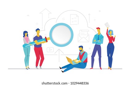 Teamwork - flat design style colorful illustration on white background. Metaphorical composition with colleagues working on a project, man and woman holding a big loupe, men with a notebook