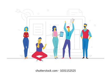 Teamwork - flat design style colorful illustration on white background. A composition with people in the office in casual clothes, speaking on the phone, making a presentation, standing with gadgets
