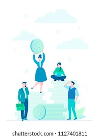 Teamwork - flat design style colorful illustration on white background. A composition with office managers working on a project, sitting and standing on big piles of coins, talking on the phone.