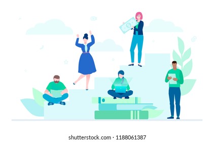 Teamwork - flat design style colorful illustration on white background. A composition with international business group, employees working on a project, standing on ladder, pile of book.