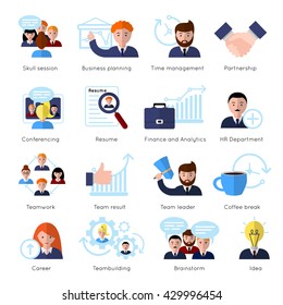 Teamwork flat icon set with people at work and skull session business planning conferencing and ext vector illustration