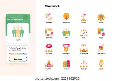 Juego de iconos planos de trabajo en equipo: carrera de relevos, brainstorm, éxito, reunión, intercambio de ideas, colaboración, proyecto conjunto, unidad, apoyo, delegación, bono. Ilustración vectorial moderna.