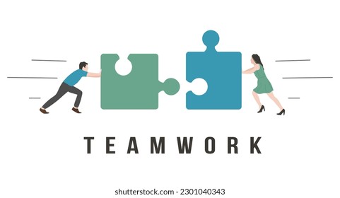 Teamwork flat illustration. People connecting puzzle elements. teamwork, cooperation concept. Two people pushing huge pieces of puzzle. Combining two pieces. Flat vector illustration