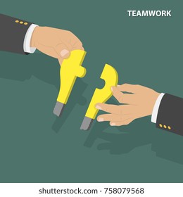 Teamwork flat isometric low poly vector concept. Two hands combine together two parts of the puzzle which look like a light bulb.