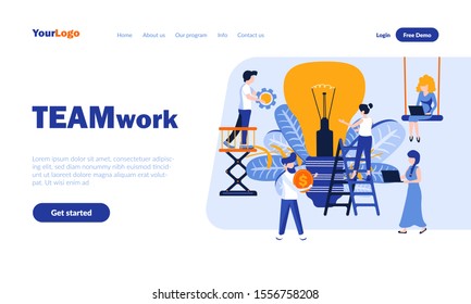 Teamwork flat landing page template with header. Staff cooperation, coworking web banner, homepage design. Business partnership vector illustration. Harmonious joint work principles concept