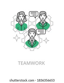 Teamwork flat line illustration in trend style. Complex vector icon and concept