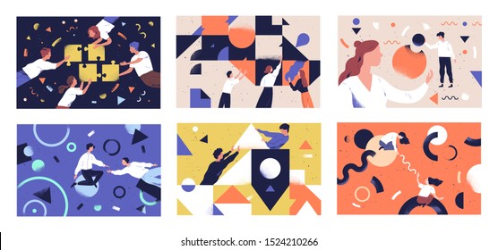 Teamwork flat vector illustrations set. Coworkers characters communication. Team building and business partnership concepts. Businessmen people and geometrical shapes cooperation, collaboration.