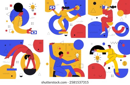 Teamwork flat vector illustrations set. Coworkers characters communication. Team building and business partnership concepts. Businessmen people and geometrical shapes cooperation, collaboration.