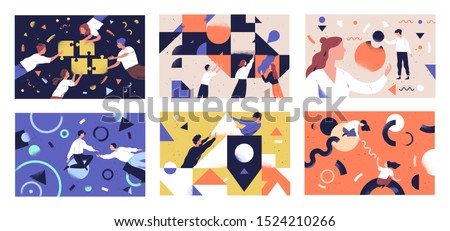 Teamwork flat vector illustrations set. Coworkers characters communication. Team building and business partnership concepts. Businessmen people and geometrical shapes cooperation, collaboration.