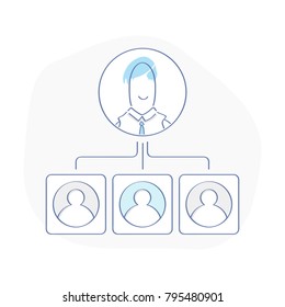 Teamwork flow chart, business hierarchy or business team pyramid structure, company organization branches, workflow, management or communication graphic tree. Flat outline modern icon vector concept.