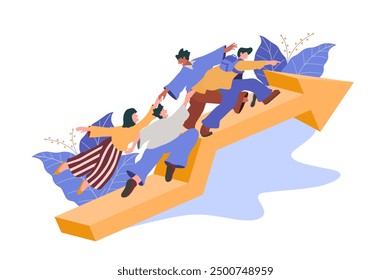 teamwork focus on goals, increase motivation. Way to achieve goals with support. Help overcome obstacles, business people, business development up arrow. Vector flat illustration