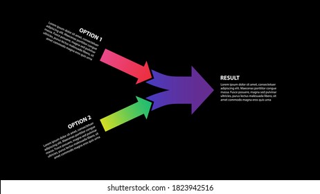 Teamwork And Focus On Results - 2 In 1 Horizontal Converging Arrows On Black Backgroung, Vector Infographic