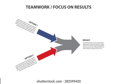 Teamwork And Focus On Results - 2 In 1 Horizontal Converging Arrows, Vector Infographic