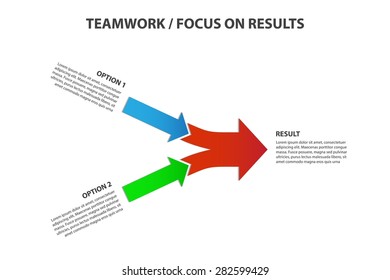 Teamwork And Focus On Results - 2 In 1 Bright Horizontal Converging Arrows, Vector Infographic