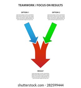 Teamwork And Focus On Results - 2 In 1 Bright Vertical Converging Arrows, Vector Infographic