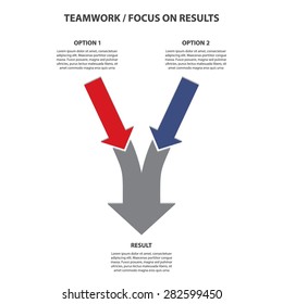 Teamwork And Focus On Results - 2 In 1 Vertical Converging Arrows, Vector Infographic