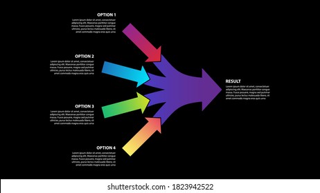 Teamwork and Focus on Results - 4 in 1 Horizontal Converging Arrows on black backgroung, Vector Infographic