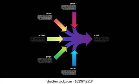 Teamwork And Focus On Results - 5 In 1 Horizontal Converging Arrows On Black Backgroung, Vector Infographic