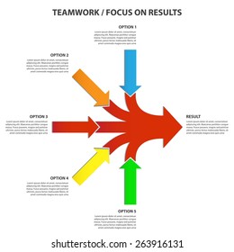 Teamwork And Focus On Results - 5 In 1 Horizontal Converging Arrows, Vector Infographic