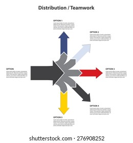 Teamwork And Focus On Results - 5 Horizontal Diverging Arrows, Isolated On White Background - Vector Infographic