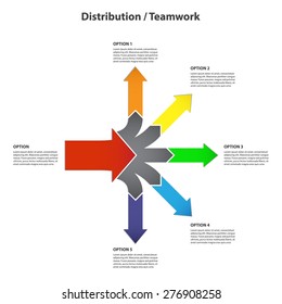 Teamwork And Focus On Results - 5 Bright Horizontal Diverging Arrows, Isolated On White Background - Vector Infographic